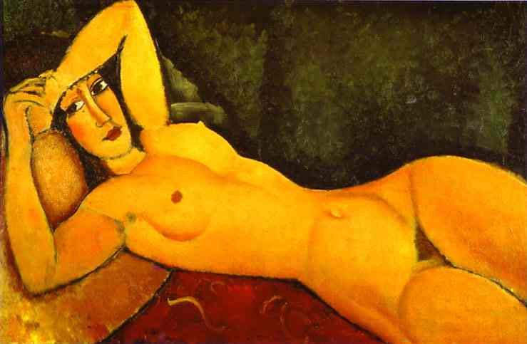 Oil painting:Reclining Nude with Left Arm Resting on Forehead. 1917