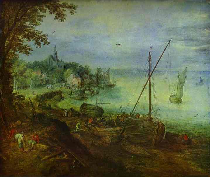 Oil painting:River Landscape with Wood-Cutters. c. 1608