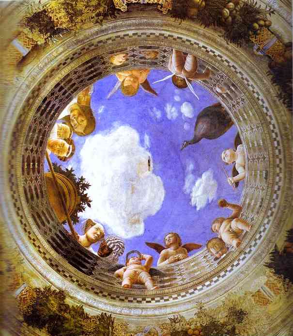 Oil painting:Roundel with Putti and Ladies Looking Down. Detail of ceiling. 1465