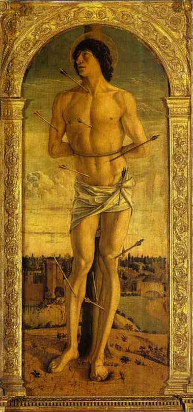 Oil painting:St. Sebastian. Panel of St. Vincent Ferrar Polyptych. c. 1464