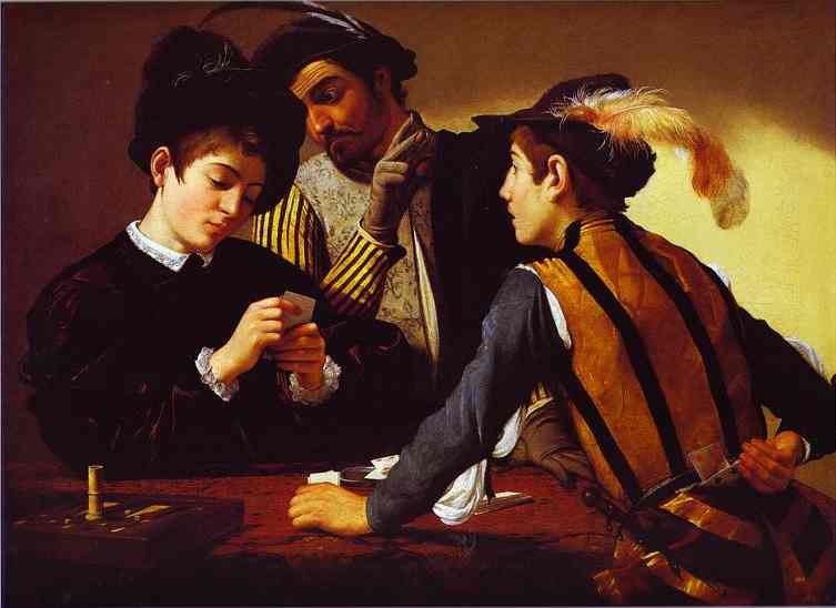 Oil painting:The Cardsharps (I Bari). c.1594