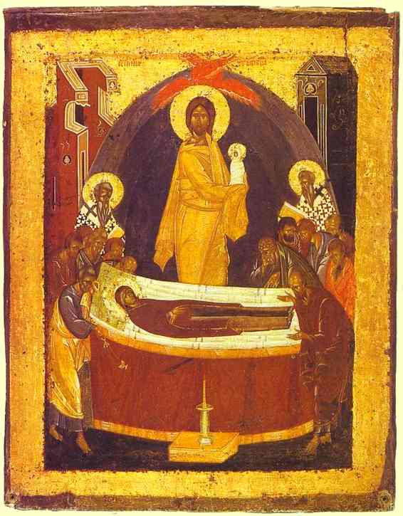 Oil painting:The Dormition. The reverse of The Don Virgin icon. Late 14th century.