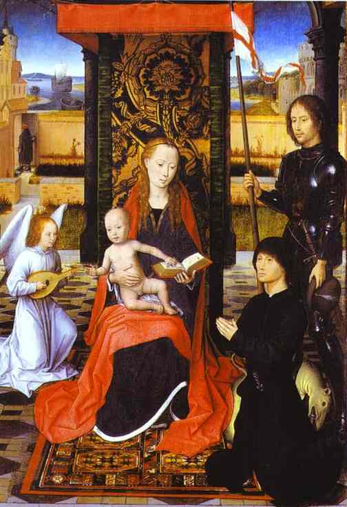 Oil painting:The Virgin and Child with an Angel, St. George and a Donor. c. 1470