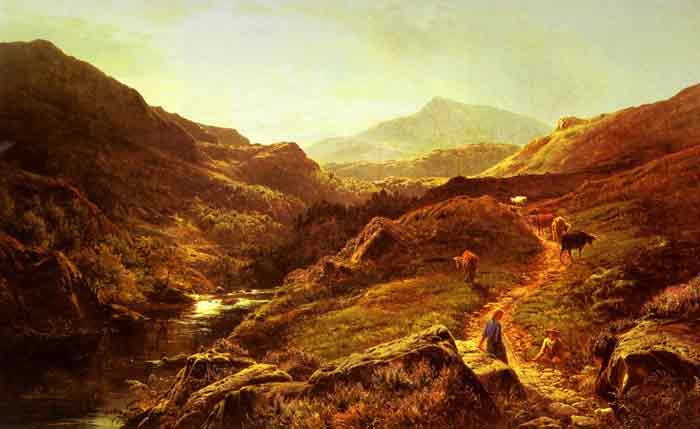 Oil painting for sale:Moel Siabod from Glyn Lledr, with Figures and Cattle on a Riverside Path, 1867