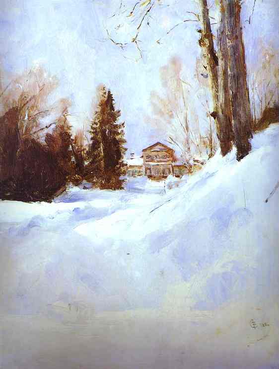 Oil painting:Winter in Abramtsevo. The Mansion. Study. 1886