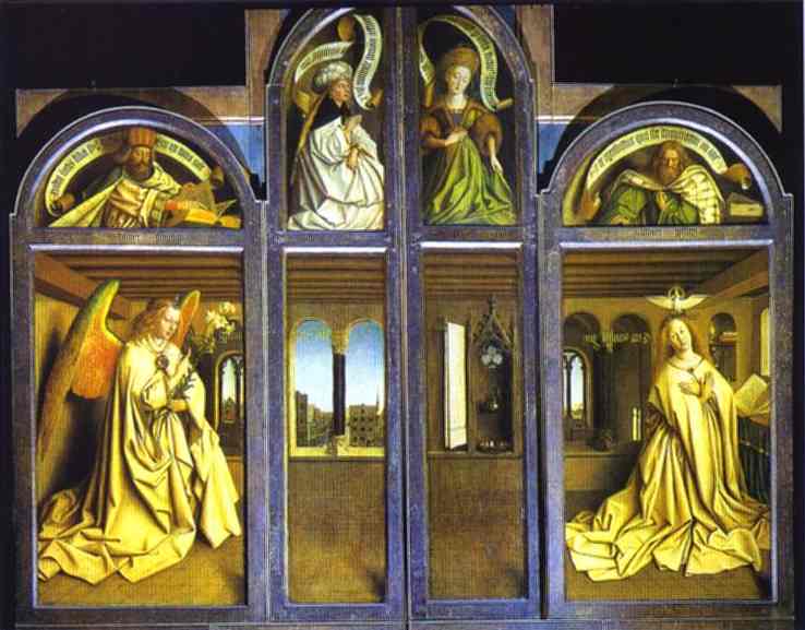 Oil painting:The Ghent Altarpiece with altar wings closed. 1432