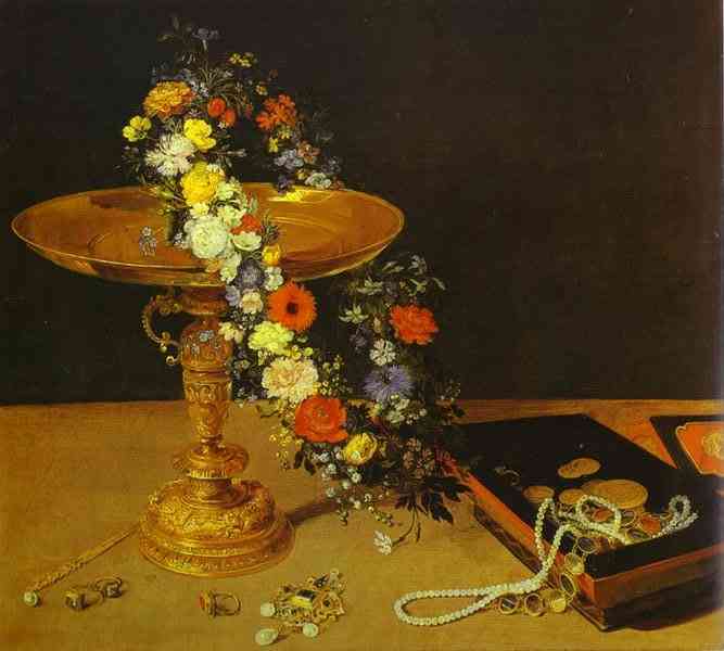 Oil painting:Still-Life with Flowers and Jewelry. 1618