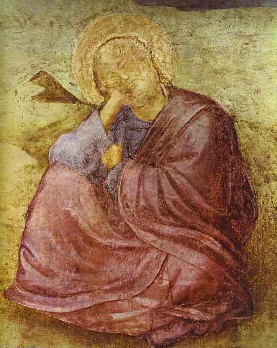 Oil painting:St. John the Evangelist at Patmos. Detail. c.1320