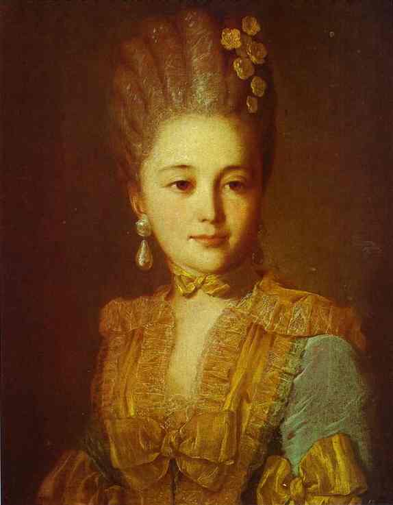 Oil painting:Portrait of an Unknown Woman in a Blue Dress with Yellow Trimmings. 1760