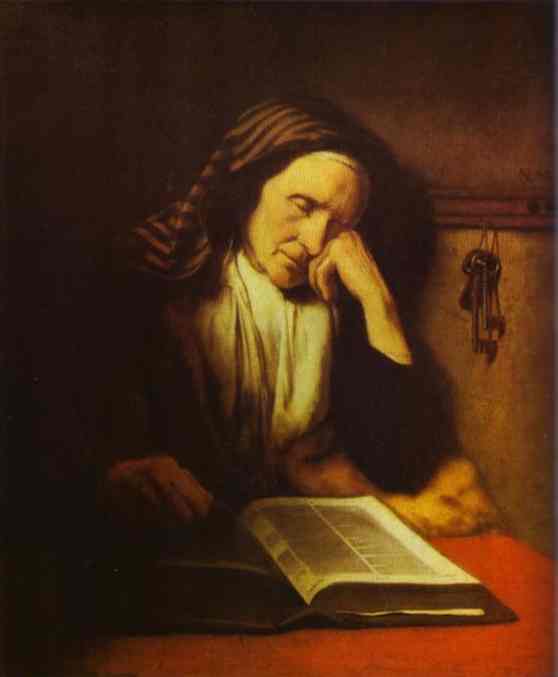 Oil painting:An Old Woman Dozing over a Book. c. 1655