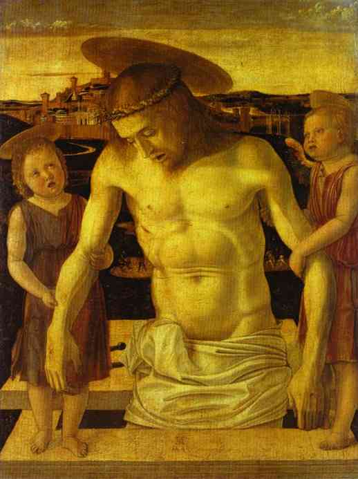 Oil painting:Dead Christ Supported by Angels. c. 1460