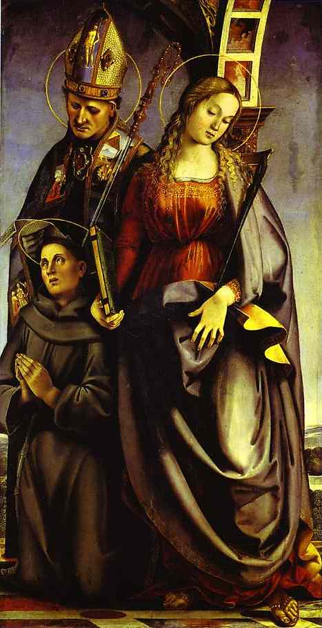 Oil painting:SS. Augustine, Catherine of Alexandria, and Anthony of Padua. Right wing of the