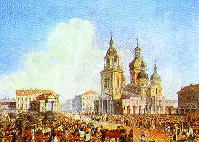 Oil painting:Sennaya Square in St. Petersburg. 1821