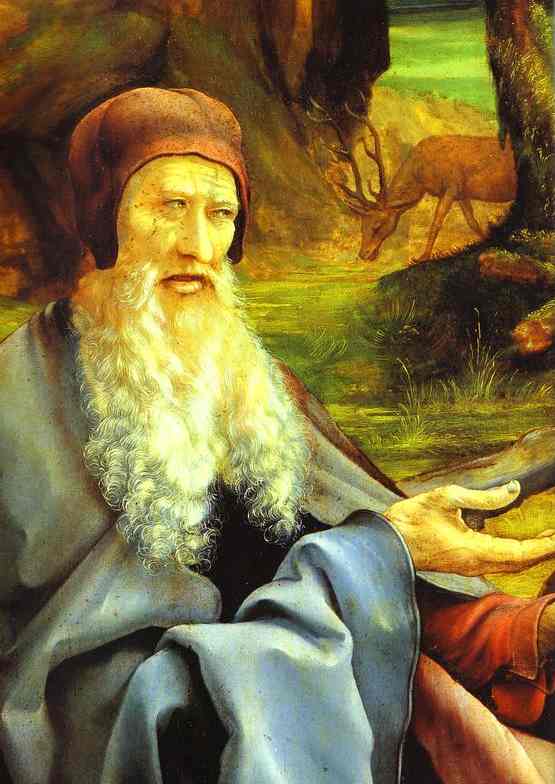 Oil painting:St Anthony Visiting St Paul the Hermit in the Desert. Detail. St. Anthony. 1510-1515