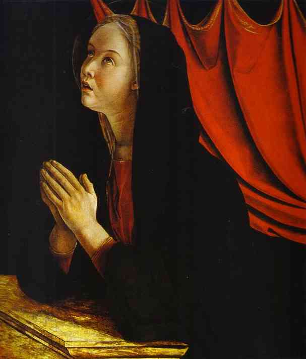 Oil painting:The Annunciation. Panel of St. Vincent Ferrar Polyptych. c. 1464