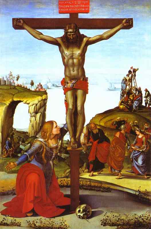 Oil painting:The Crucifixion with St. Mary Magdalen. c. 1495-1500