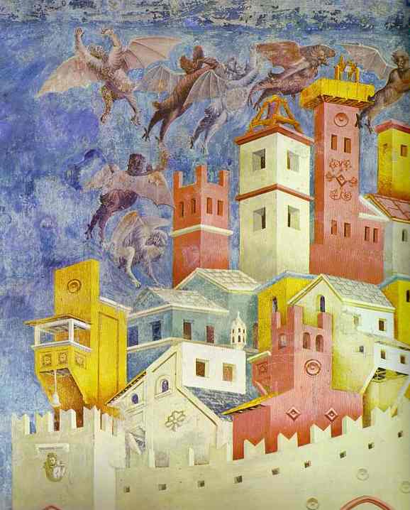 Oil painting:The Expulsion of the Demons from Arezzo.. Detail. 1295-1300