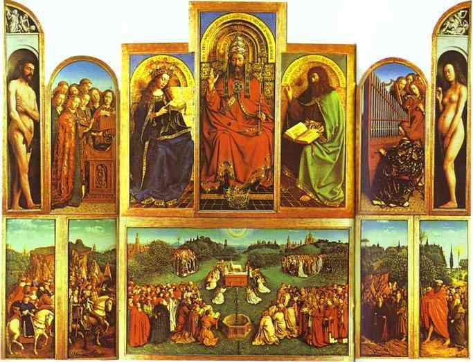 Oil painting:The Ghent Altarpiece with altar wings open. 1432