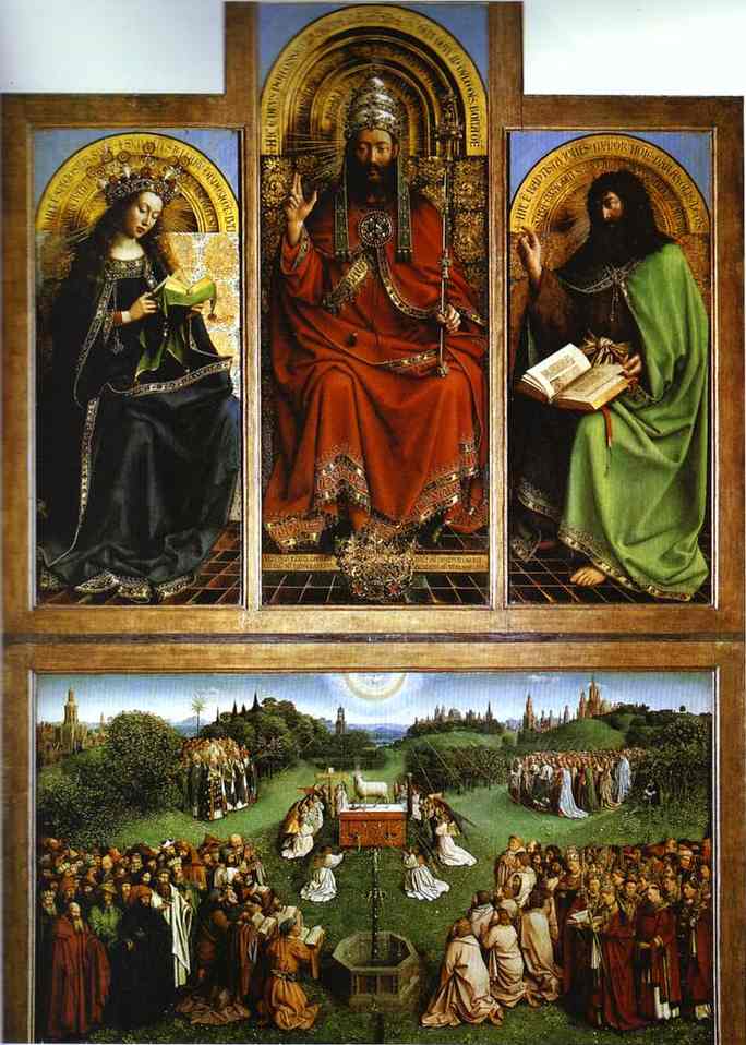 Oil painting:The Ghent Altarpiece (central section). Virgin. Christ. John the Baptist. Adoration of
