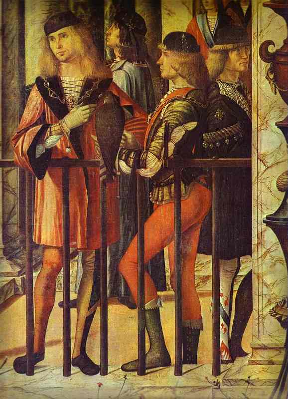 Oil painting:The Legend of St. Ursula: The Arrival of the English Ambassadors. Detail. 1495