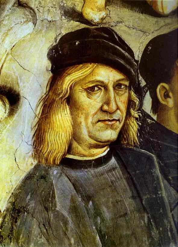 Oil painting:The Deeds of the Antichrist. Detail. Presumably a self-portrait of the painter. Fresco.