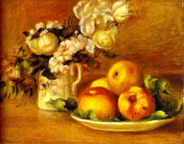 Oil painting:Apples and Flowers (Les pommes et fleurs). c. 1895