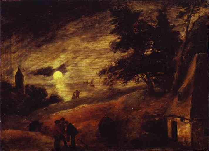 Oil painting:Dune Landscape by Moonlight. c. 1635