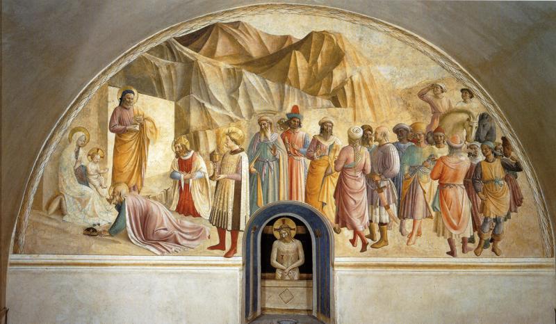 Oil painting:Fra Angelico and Benozzo Gozzoli. Adoration of the Magi. (1438-1444