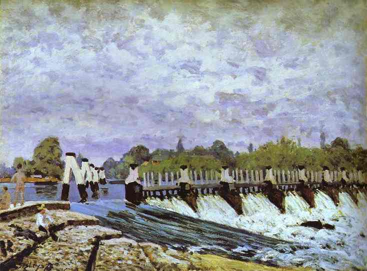 Oil painting:Molesey Weir - Morning. 1874