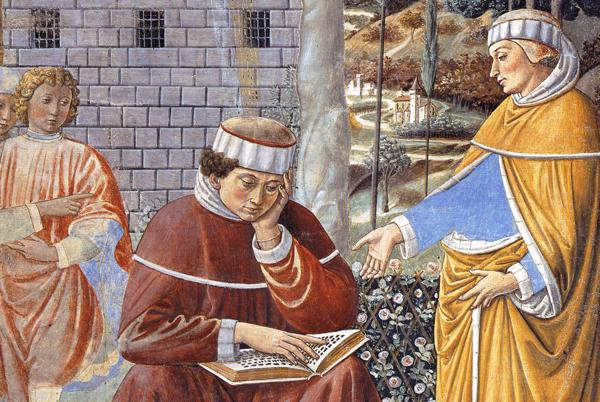 Oil painting:St. Augustine Reading the Epistle of St. Paul. Detail. 1464