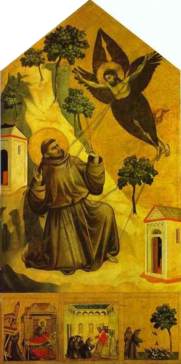 Oil painting:St. Francis Receiving the Stigmata with Three Scenes from His Legend: The Vision of