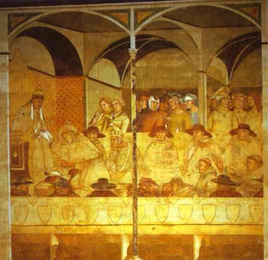 Oil painting:St. Louis of Toulouse Bids Farewell to Boniface VIII. Fresco. San Francesco, Siena,