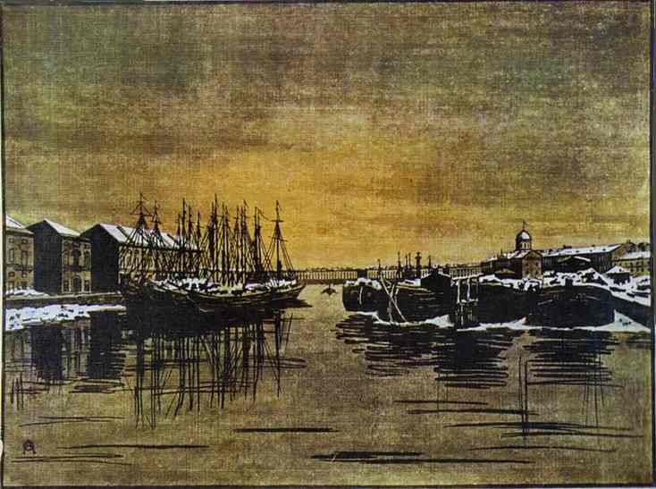 Oil painting:St. Petersburg. The Biron Palace and Barques. 1916