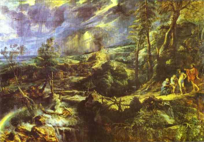 Oil painting:Stormy Landscape with Philemon and Baucis. c.1620