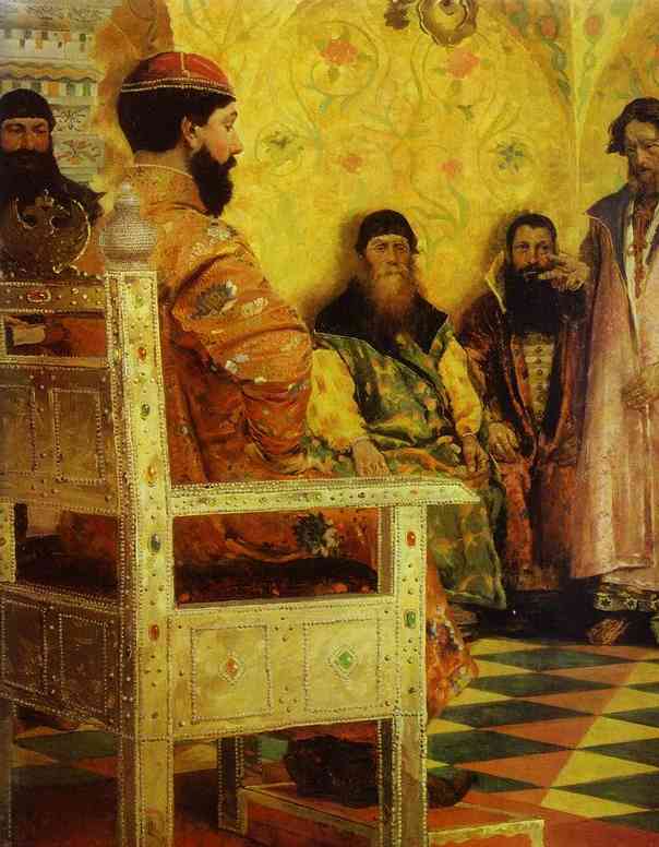 Oil painting:Tzar Mikhail Fedorovich Holding Council with the Boyars in His Royal Chamber. Detail.