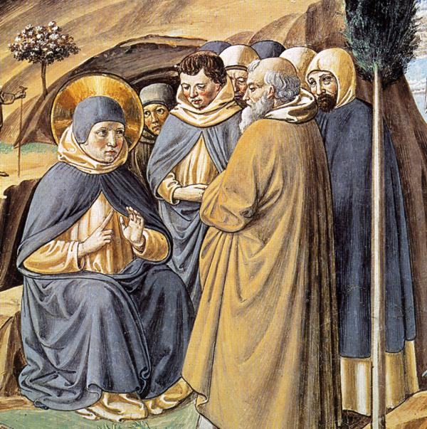 Oil painting:Visit to the Monks of Mount Pisano. Detail. 1464
