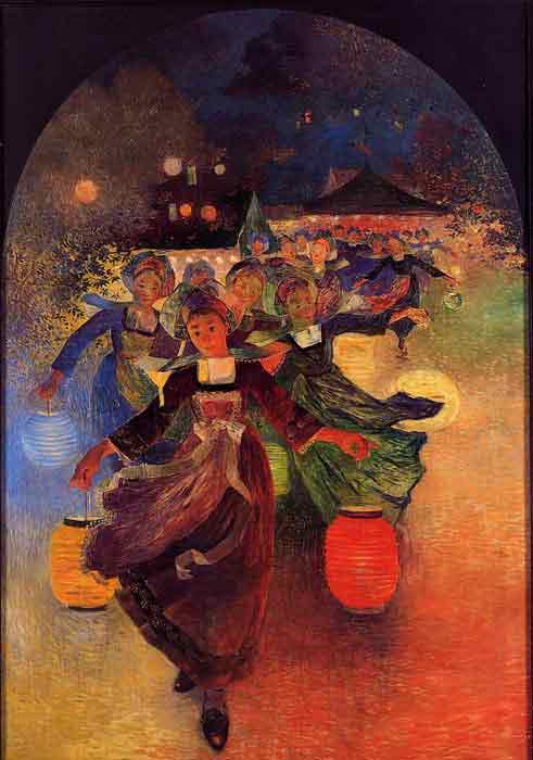 Oil painting for sale:Breton Girls with Chinese Lanterns, 1896