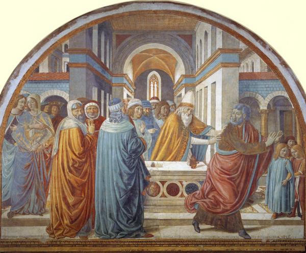 Oil painting:Tabernacle of the Visitation: Expultion of Joachim from the Temple. 1491