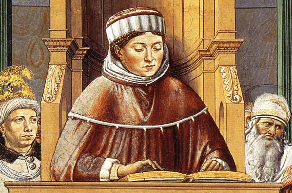 Oil painting:St. Augustine Teaching in Rome. Detail. 1464