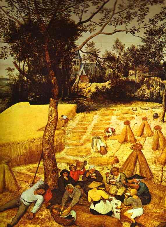 Oil painting:The Corn Harvest (August). Detail. 1565
