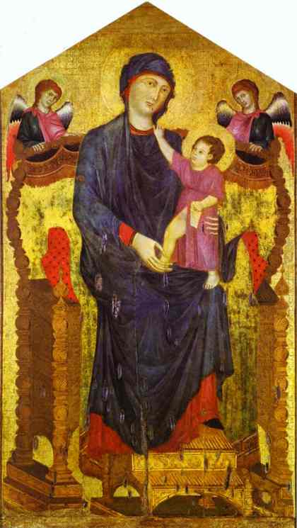 Oil painting:Madonna and Child Enthroned with Two Angels. c.1300