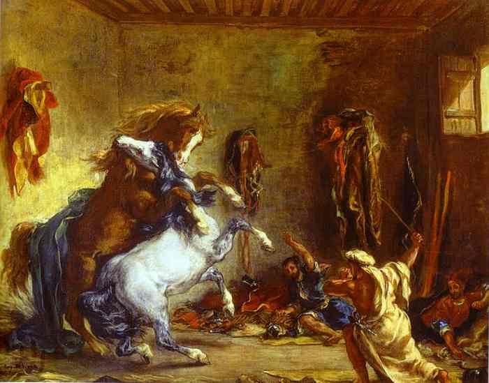 Oil painting:Arab Horses Fighting in a Stable. 1860