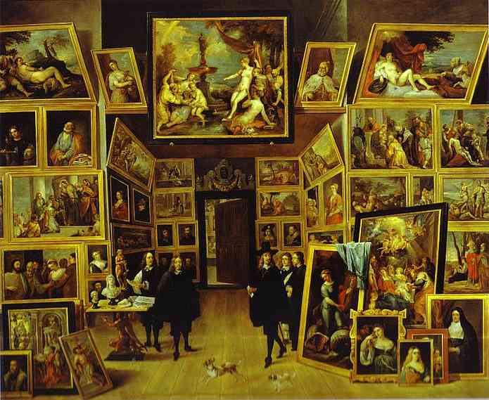 Oil painting:Archduke Leopold-Willem in his Art Gallery in Brussels. c. 1650