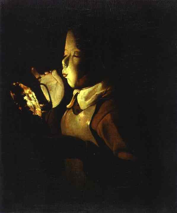 Oil painting:Boy Blowing at Lamp. c. 1640