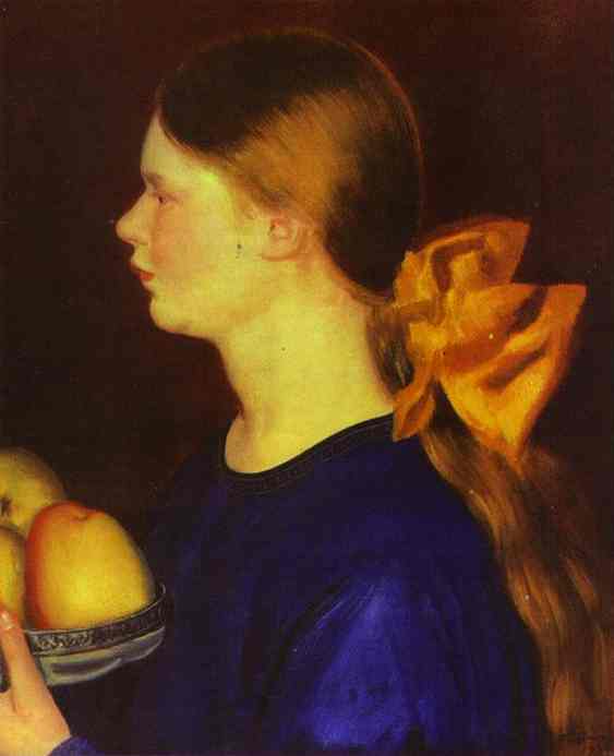 Oil painting: Girl with Apples (Portrait of Irina Kustodiyeva). Oil