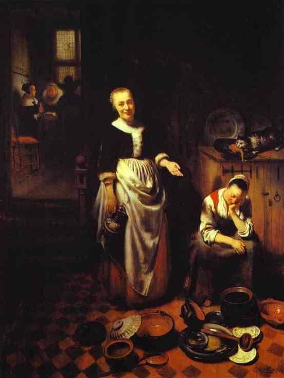 Oil painting:Interior with a Sleeping Maid and Her Mistress (The Idle Servant). 1655