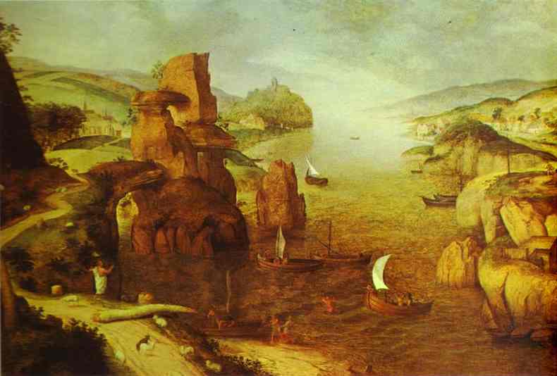 Oil painting:Landscape with Christ Appearing to the Apostles at the Sea of Tiberias. 1553