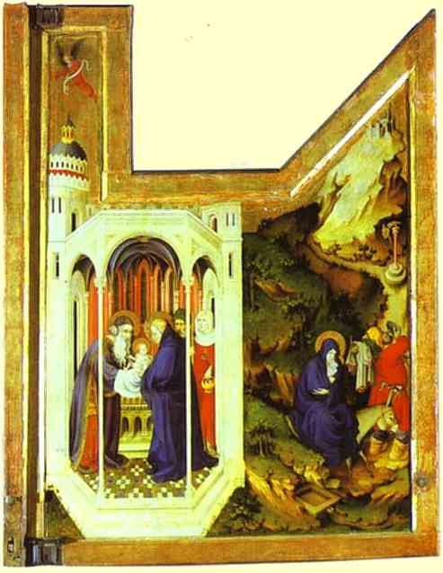 Oil painting:Presentation in the Temple and Flight into Egypt. Right-hand panel of an altar triptych