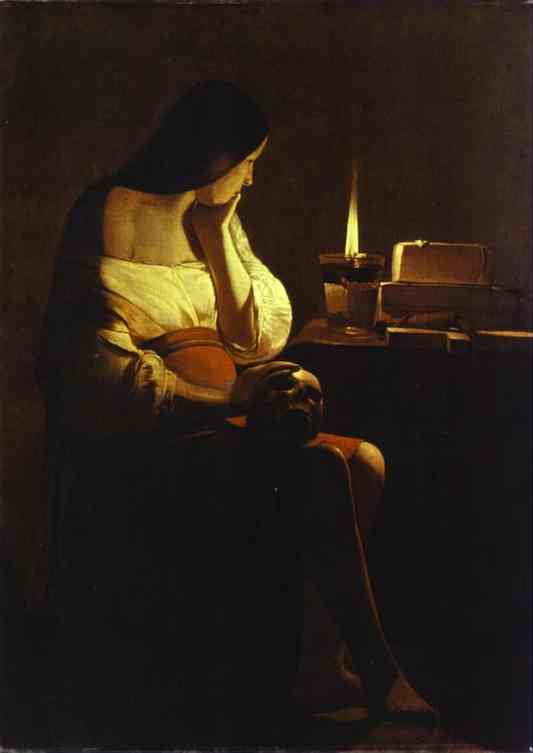 Oil painting:Repenting Magdalene, also called Magdalene with the Nightlight. c. 1642