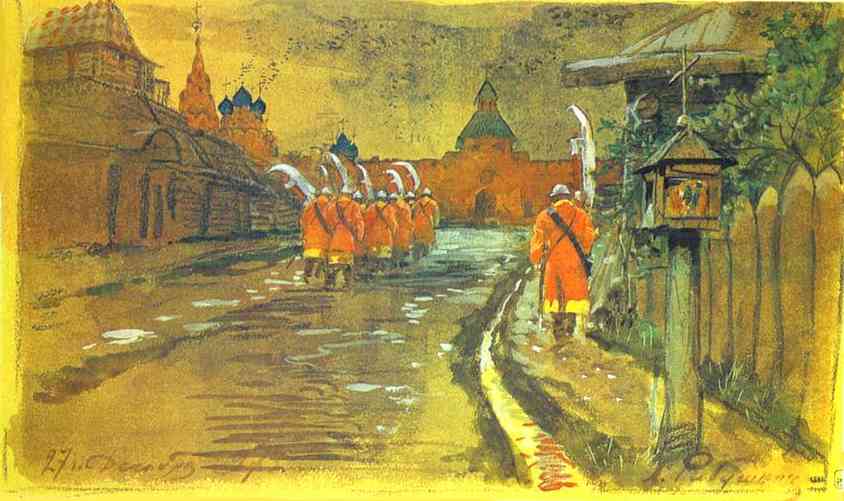 Oil painting:Strelets Patrol at the Ilyinsky Gates in Old Moscow. 1897